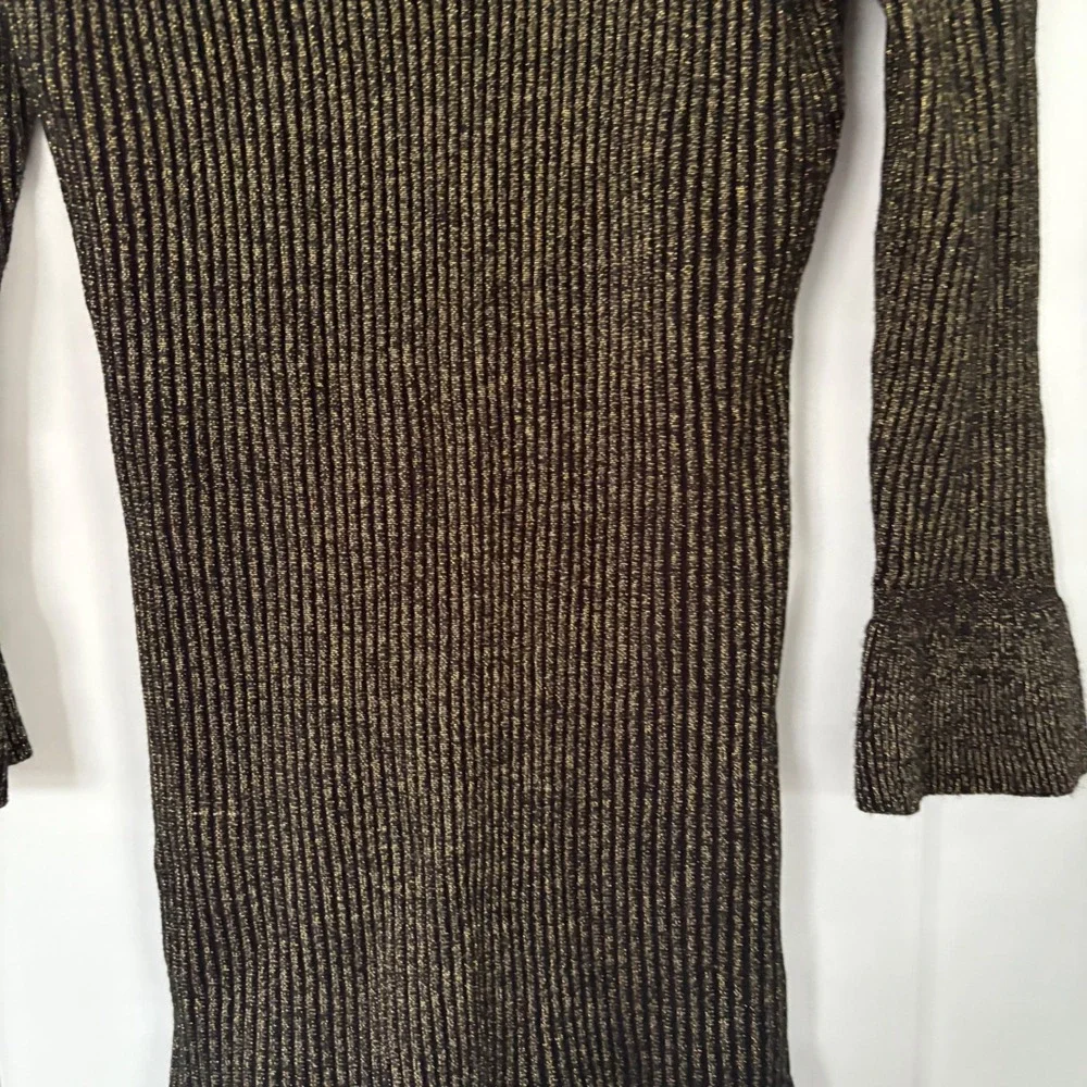 Venus Metallic Gold Ribbed Knit Ruffle Mesh Dress XL Bell Sleeve Mock Neck Party